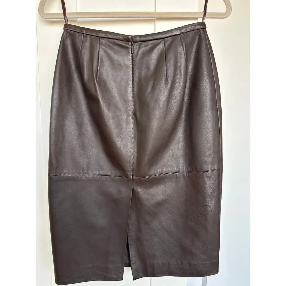 Lafayette 148 NY 100% Full Grain Brown Leather Pencil Skirt, Size 4P, Like New
